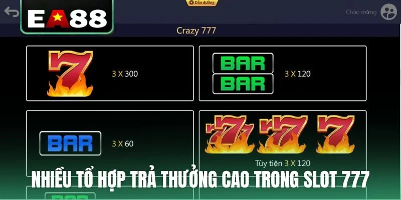 Nhiều tổ hợp trả thưởng cao trong slot 777